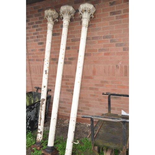 1222 - THREE VINTAGE CAST IRON CORINTHIAN COLUMNS overall length 260cm with acanthus leaf detailing to cant... 