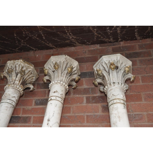 1222 - THREE VINTAGE CAST IRON CORINTHIAN COLUMNS overall length 260cm with acanthus leaf detailing to cant... 