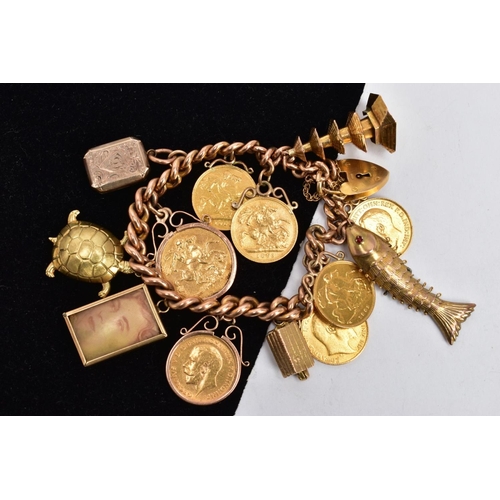 1 - A HEAVY 9CT GOLD CHARM BRACELET WITH CHARMS AND SOVEREIGNS, curb link chain each link stamped 9.375,... 