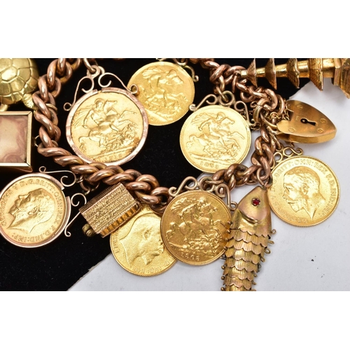 1 - A HEAVY 9CT GOLD CHARM BRACELET WITH CHARMS AND SOVEREIGNS, curb link chain each link stamped 9.375,... 