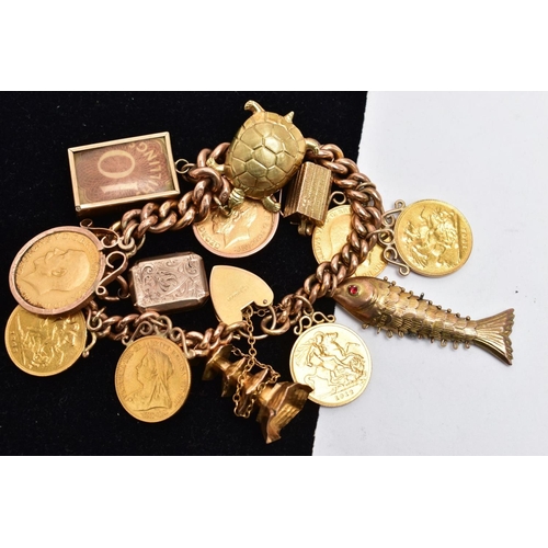 1 - A HEAVY 9CT GOLD CHARM BRACELET WITH CHARMS AND SOVEREIGNS, curb link chain each link stamped 9.375,... 