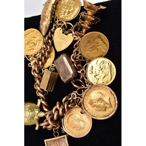 1 - A HEAVY 9CT GOLD CHARM BRACELET WITH CHARMS AND SOVEREIGNS, curb link chain each link stamped 9.375,... 