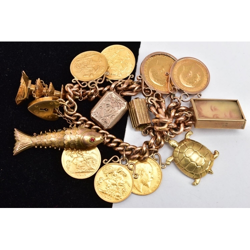 1 - A HEAVY 9CT GOLD CHARM BRACELET WITH CHARMS AND SOVEREIGNS, curb link chain each link stamped 9.375,... 