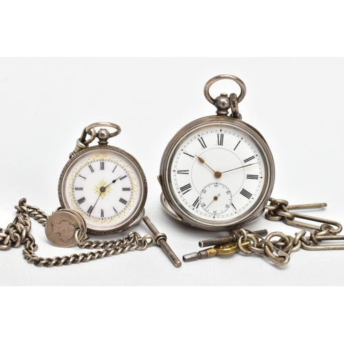 10 - TWO OPEN FACE POCKET WATCHES, the first with a round white dial, Roman numerals, seconds subsidiary ... 