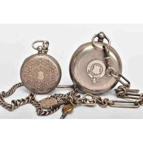 10 - TWO OPEN FACE POCKET WATCHES, the first with a round white dial, Roman numerals, seconds subsidiary ... 