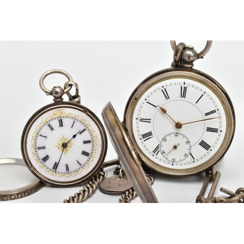 10 - TWO OPEN FACE POCKET WATCHES, the first with a round white dial, Roman numerals, seconds subsidiary ... 