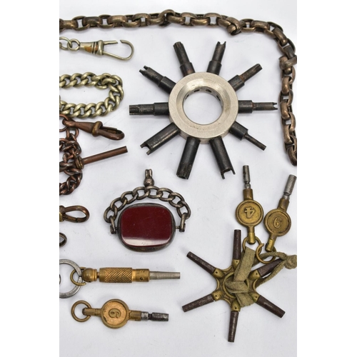 101 - A SILVER DOUBLE ALBERT CHAIN, FOBS, CHAINS AND WATCH KEYS, to include a graduated silver double albe... 