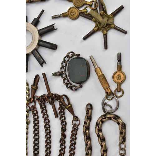 101 - A SILVER DOUBLE ALBERT CHAIN, FOBS, CHAINS AND WATCH KEYS, to include a graduated silver double albe... 