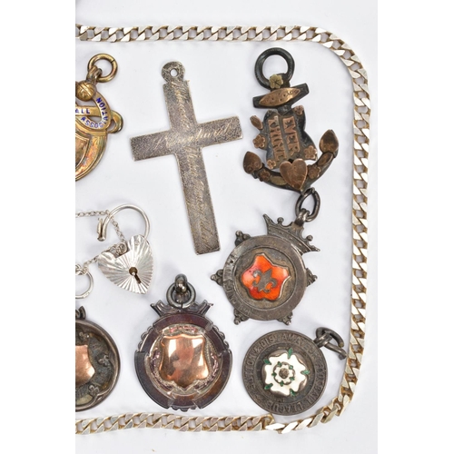 103 - A SELECTION OF SILVER JEWELLERY AND FOB MEDALS, to include two Cuban silver chains each fitted with ... 