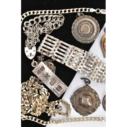 103 - A SELECTION OF SILVER JEWELLERY AND FOB MEDALS, to include two Cuban silver chains each fitted with ... 