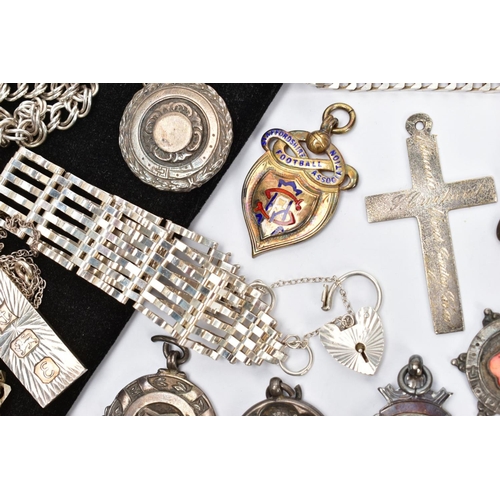 103 - A SELECTION OF SILVER JEWELLERY AND FOB MEDALS, to include two Cuban silver chains each fitted with ... 