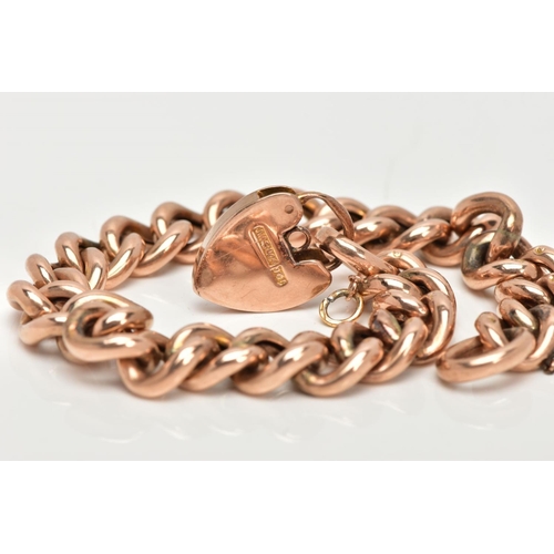 106 - A ROSE GOLD TONE CURB LINK BRACELET, hollow curb link bracelet each link stamped 9, fitted with a he... 