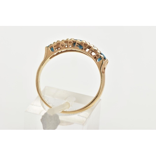 107 - A 9CT GOLD FIVE STONE RING, set with a row of three circular cut blue stones, interspaced with two c... 