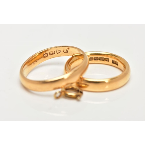 111 - TWO 22CT GOLD BAND RINGS, both plain polished bands, hallmarked 22ct Birmingham and Chester, ring si... 