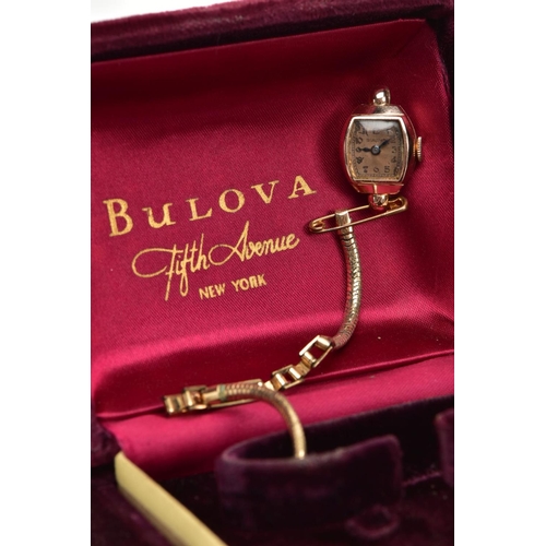 113 - A LADIES 'BULOVA' WRISTWATCH, AF tonneau dial signed 'Bulova', worn Arabic numerals, blue hands, wit... 