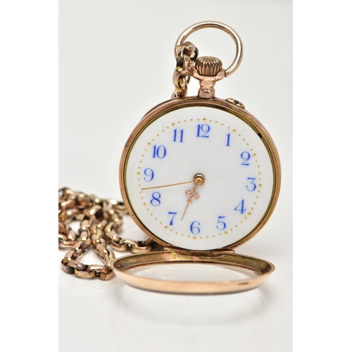 115 - A LADIES YELLOW METAL OPEN FACE POCKET WATCH AND A YELLOW METAL CHAIN WITH SWIVEL CLASP, the pocket ... 