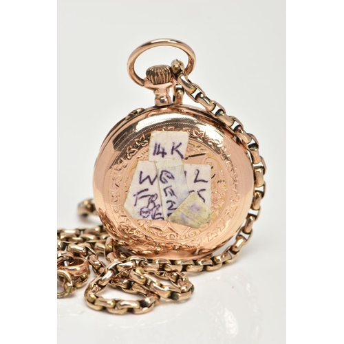 115 - A LADIES YELLOW METAL OPEN FACE POCKET WATCH AND A YELLOW METAL CHAIN WITH SWIVEL CLASP, the pocket ... 