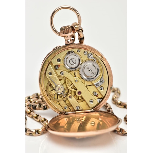 115 - A LADIES YELLOW METAL OPEN FACE POCKET WATCH AND A YELLOW METAL CHAIN WITH SWIVEL CLASP, the pocket ... 