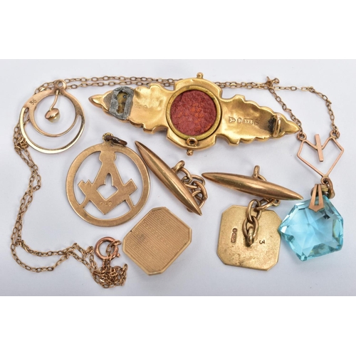 12 - A BAG OF ASSORTED 9CT GOLD AND YELLOW METAL JEWELLERY, to include a pair of AF cufflinks, each of a ... 