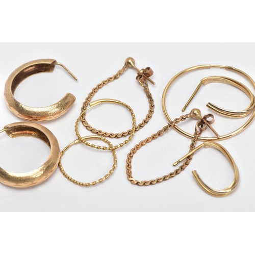 126 - A BAG OF ASSORTED 9CT GOLD AND YELLOW METAL EARRINGS, to include a pair of textured hoop earrings ha... 