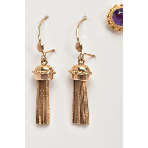 127 - A BAG OF ASSORTED 9CT GOLD AND YELLOW METAL EARRINGS, to including two pairs of amethyst stud earrin... 