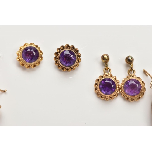 127 - A BAG OF ASSORTED 9CT GOLD AND YELLOW METAL EARRINGS, to including two pairs of amethyst stud earrin... 