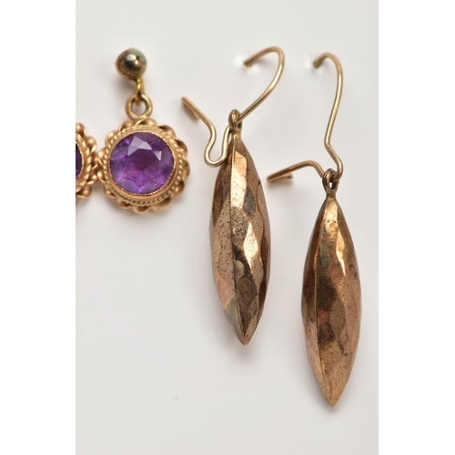 127 - A BAG OF ASSORTED 9CT GOLD AND YELLOW METAL EARRINGS, to including two pairs of amethyst stud earrin... 