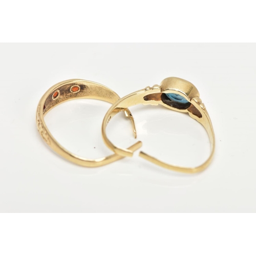 13 - TWO 9CT GOLD RINGS, the first a three stone garnet ring each star set, scroll detailed shoulders to ... 