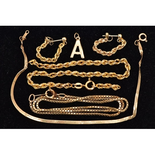 131 - A CHAIN, PENDANT, PAIR OF EARRINGS AND TWO BRACELETS, to include a yellow metal box link chain fitte... 