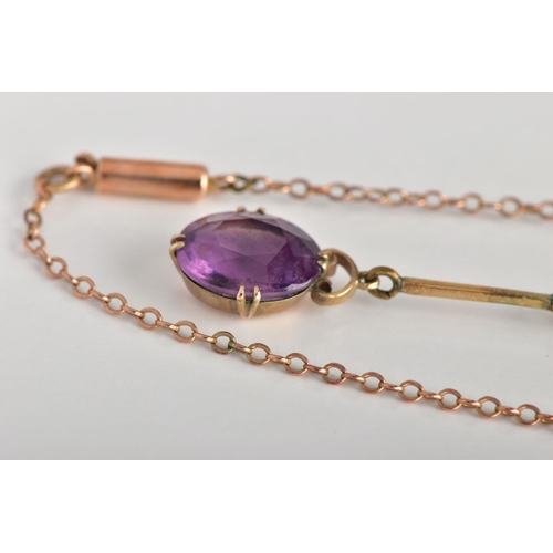 132 - A YELLOW METAL AMETHYST PENDANT NECKLACE, designed with an oval cut amethyst dropper, double four cl... 