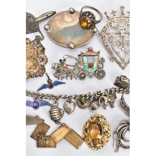 133 - A BAG OF ASSORTED SILVER AND WHITE METAL ITEMS, to include a silver decanter label for 'Whiskey' hal... 