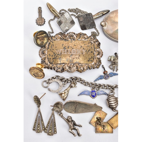 133 - A BAG OF ASSORTED SILVER AND WHITE METAL ITEMS, to include a silver decanter label for 'Whiskey' hal... 