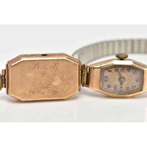 14 - TWO 9CT GOLD WATCH CASES, the first with a hand wound movement, fancy discoloured dial, Arabic numer... 