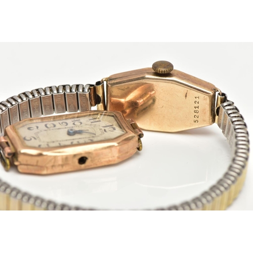 14 - TWO 9CT GOLD WATCH CASES, the first with a hand wound movement, fancy discoloured dial, Arabic numer... 