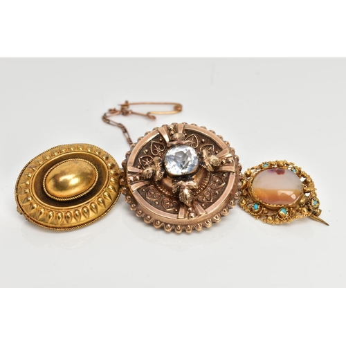 140 - THREE VICTORIAN BROOCHES, to include a yellow metal openwork and beaded brooch set with banded agate... 