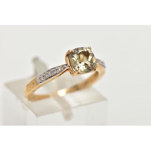 151 - A 9CT GOLD GEM SET RING, designed with a central square cut pale green stone, flanked with diamond d... 