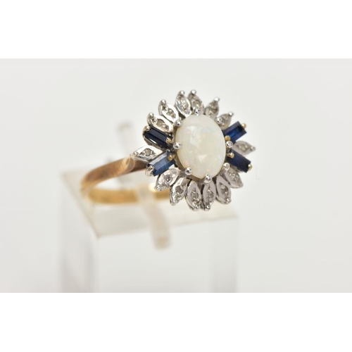 154 - A 9CT GOLD OPAL CLUSTER RING, designed with a central oval cut opal cabochon, flanked with four bagu... 