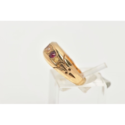 159 - A LATE 19TH CENTURY 18CT GOLD, RUBY AND PEARL RING, designed with two circular cut rubies and a sing... 