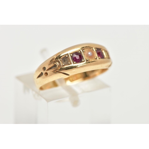 159 - A LATE 19TH CENTURY 18CT GOLD, RUBY AND PEARL RING, designed with two circular cut rubies and a sing... 