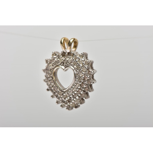 160 - A DIAMOND PENDANT, of an open heart design set with single cut diamonds, fitted with a split V-shape... 