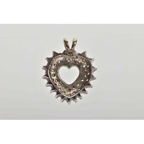 160 - A DIAMOND PENDANT, of an open heart design set with single cut diamonds, fitted with a split V-shape... 