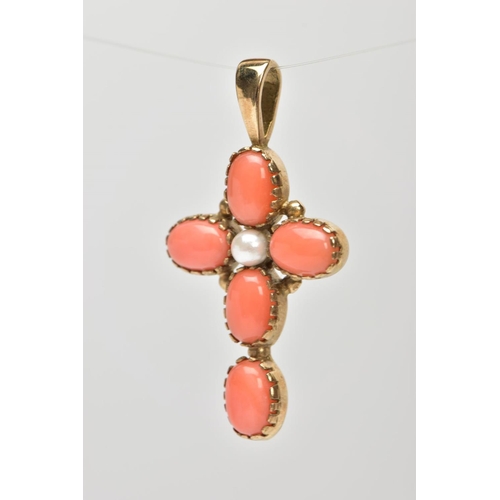 161 - A 9CT GOLD CORAL AND PEARL CROSS PENDANT, set with five pink coral oval cabochons and a central sing... 