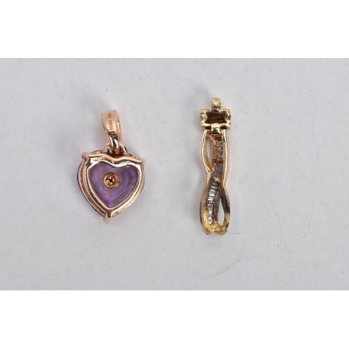 173 - A ROSE METAL AND A YELLOW METAL PENDANT, a fancy cut amethyst with a central bezel set round brillia... 