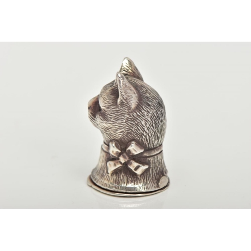 176 - A SILVER CAT VESTA CASE,  a novelty vesta case shaped like a cat with a bow, fitted with a hinged ba... 