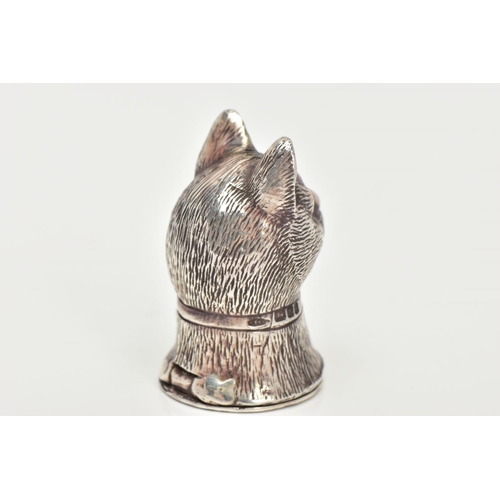 176 - A SILVER CAT VESTA CASE,  a novelty vesta case shaped like a cat with a bow, fitted with a hinged ba... 