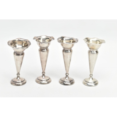 189 - A COLLECTION OF FOUR SILVER POSEY VASES, silver fluted vase with wavey rims, weighted circular bases... 