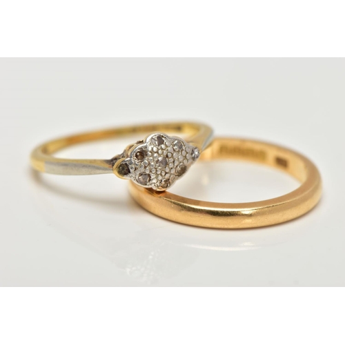 19 - AN 18CT GOLD BAND RING AND YELLOW METAL DIAMOND RING, a plain polished band, approximate width 2mm, ... 