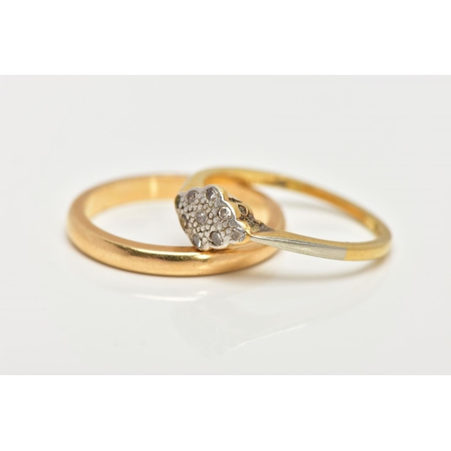 19 - AN 18CT GOLD BAND RING AND YELLOW METAL DIAMOND RING, a plain polished band, approximate width 2mm, ... 