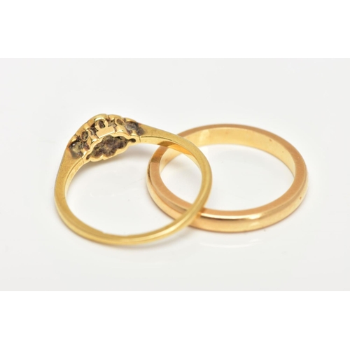 19 - AN 18CT GOLD BAND RING AND YELLOW METAL DIAMOND RING, a plain polished band, approximate width 2mm, ... 