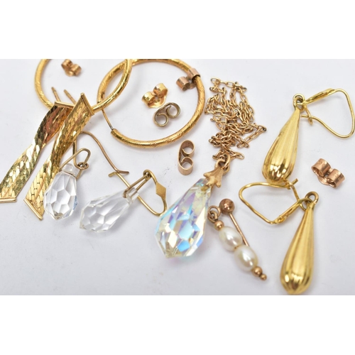 192 - ASSORTED YELLOW METAL JEWELLERY, to include a pair of hoop earrings, a pair of tear drop earrings, a... 